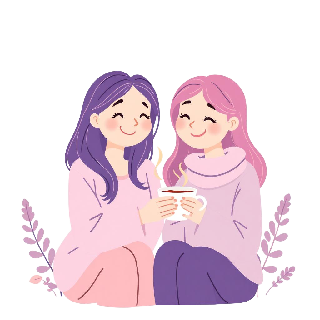 Illustration of two friends supporting each other over a warm drink