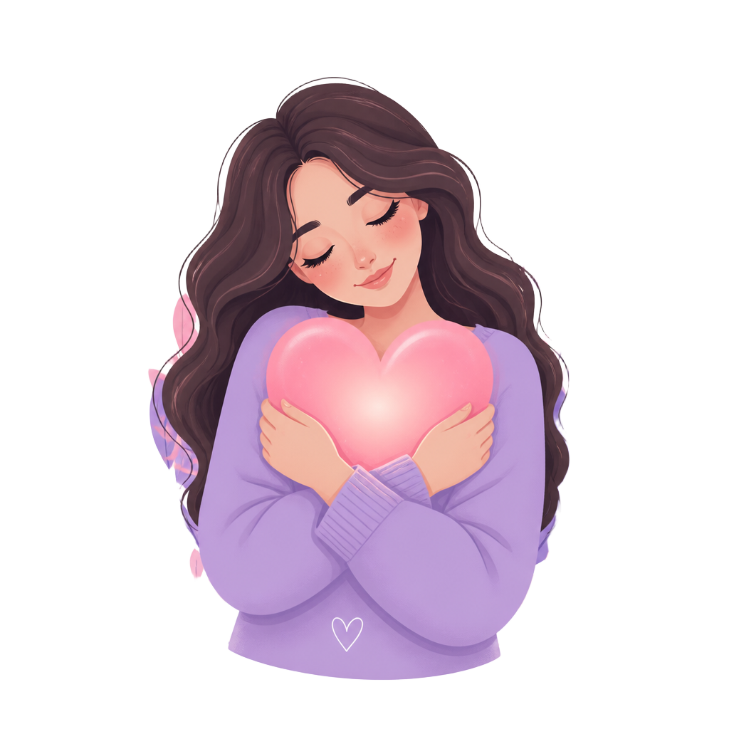Illustration of a woman holding a heart, representing self-care and emotional support